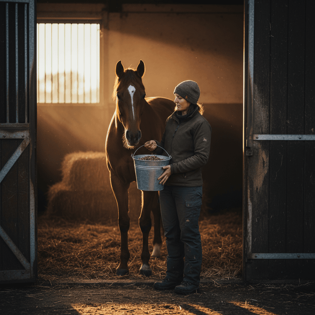Horse owner preparing natural herbal feed supplement