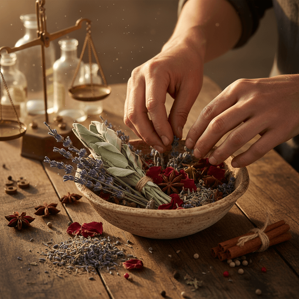 Dried medicinal herbs and botanicals arranged on natural wood surface with soft golden light